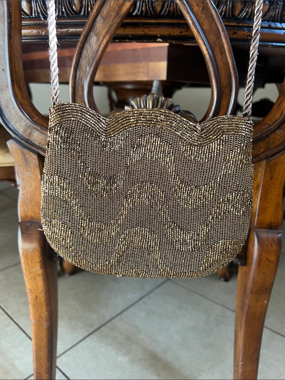 VNTG Gold Beaded Evening Bag Scalloped Flap Cocktail Clutch Purse Chevron Wave